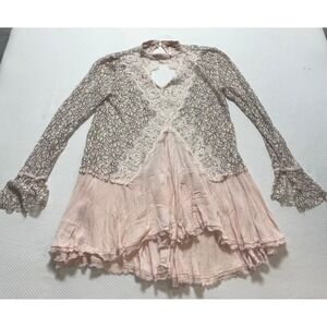 Free People Pink Black Size‎ M Mini Dress Bell Sleeve Keyhole Back Hippie BoHo